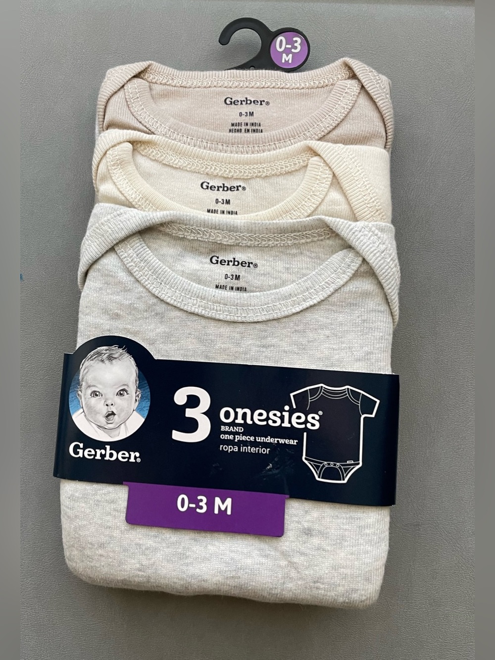 Gerber Neutral 3-Pack Onesies in Cream, Beige, Light Gray Size 0-3M NWT